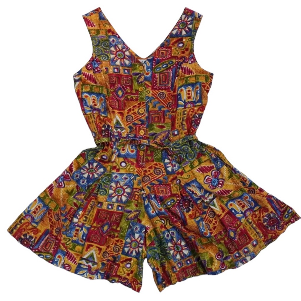 Vintage Colorful 90s Floral Jumpsuit Size XL Wide Leg Romper Abstract  Beach - Picture 2 of 8